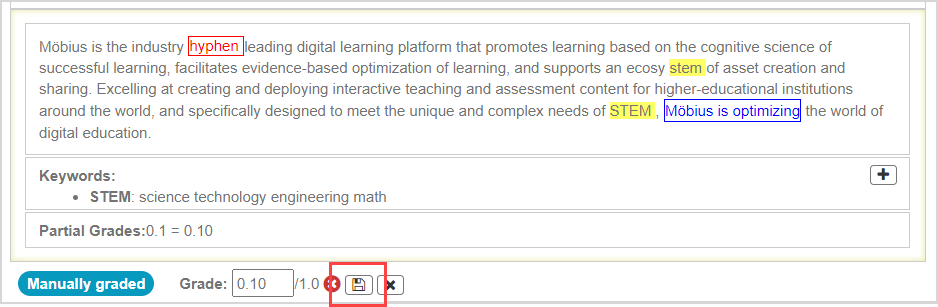 The save icon is highlighted beside the part grade field and below the keywords.